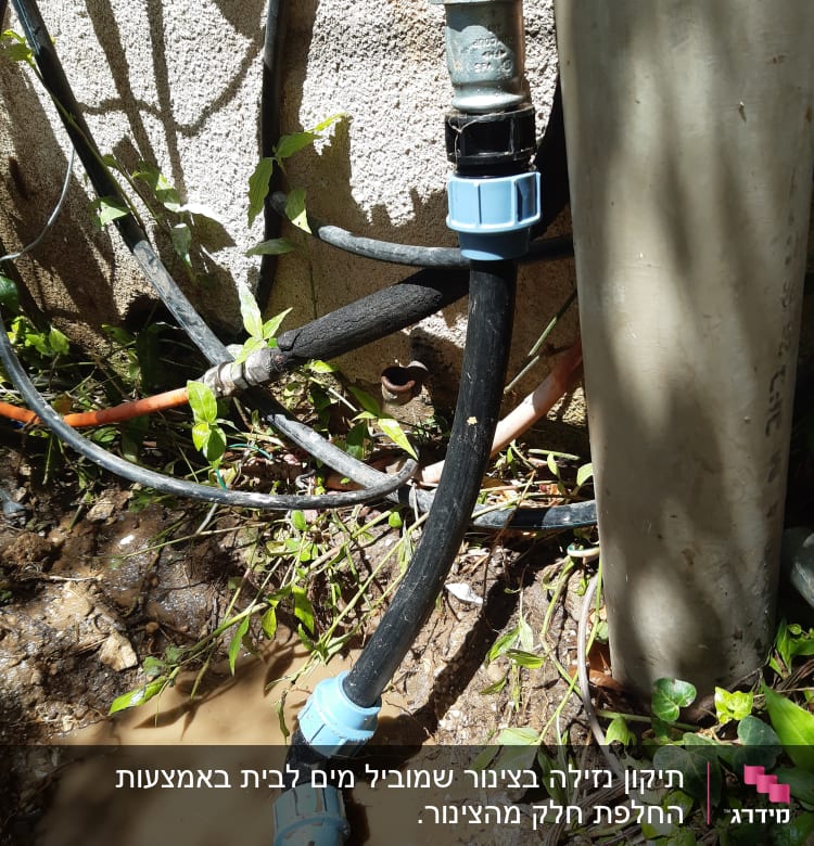 צינורות שחורים עם מחברים כחולים ליד קיר